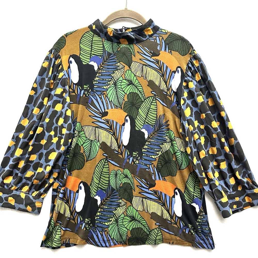 Blink London‎ L Large Toucan Jungle Leopard Print Blouse Viscose Puff Sleeve